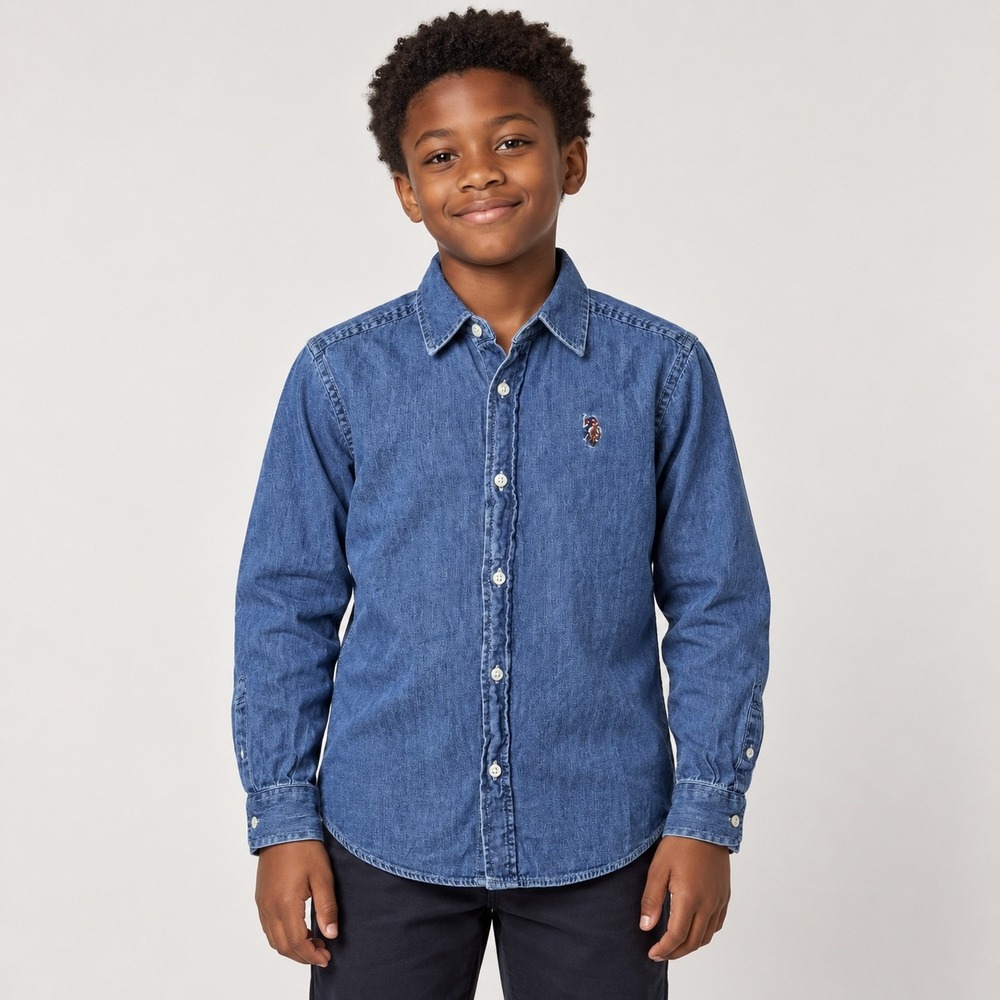US Polo Assn Boys Denim Long Sleeve Button Down Shirt Medium Wash Size L 10-12